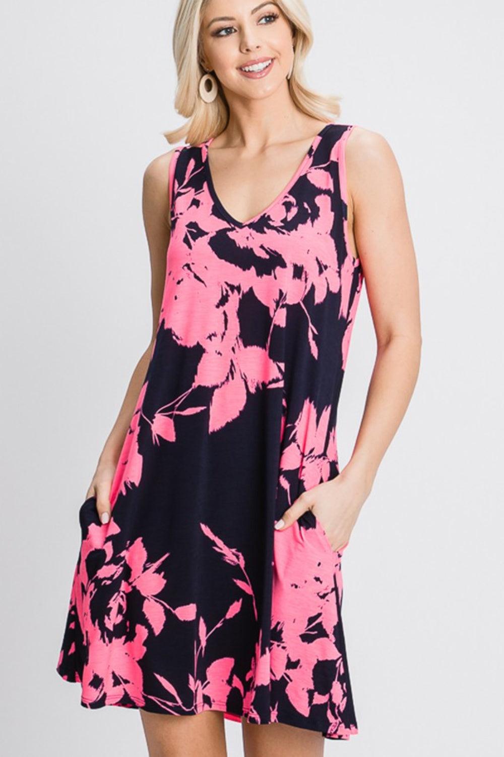 Heimish Full Size Floral V-Neck Tank Dress with Pockets Midi Dresses