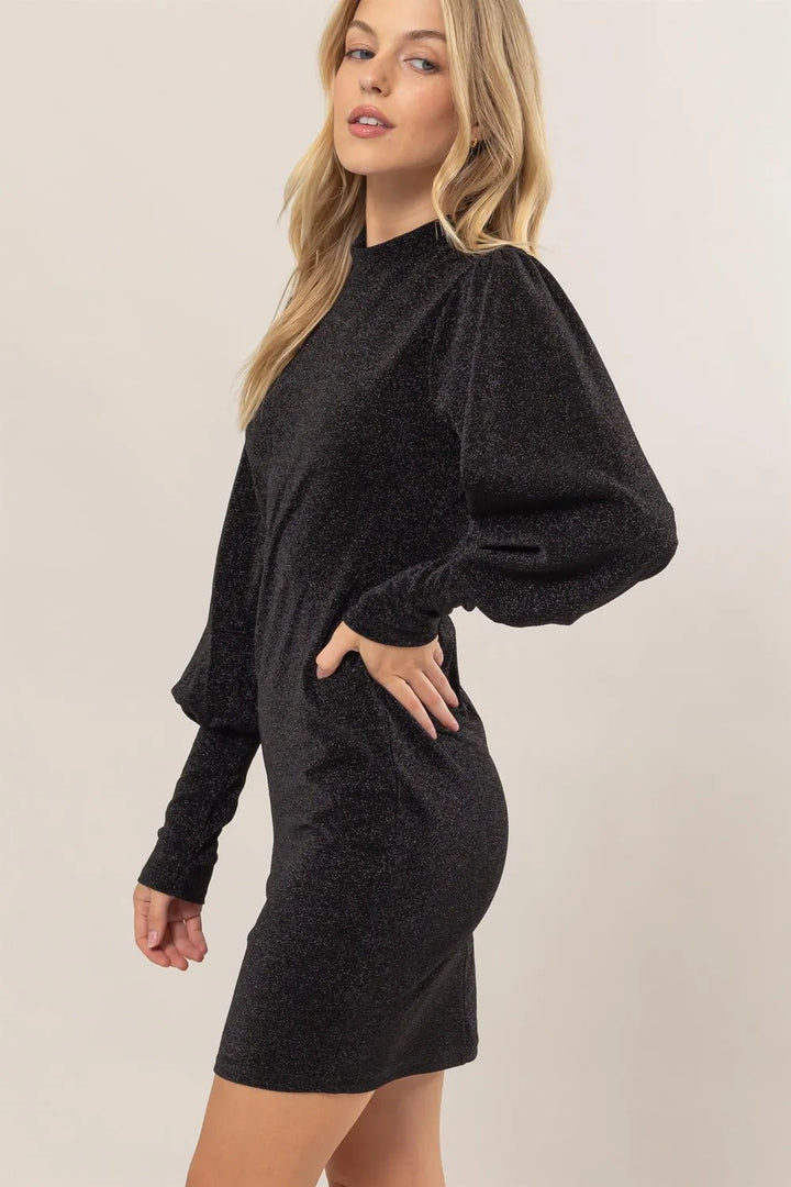 HYFVE Glitter Mock Neck Long Sleeve Mini Dress Mini Dresses