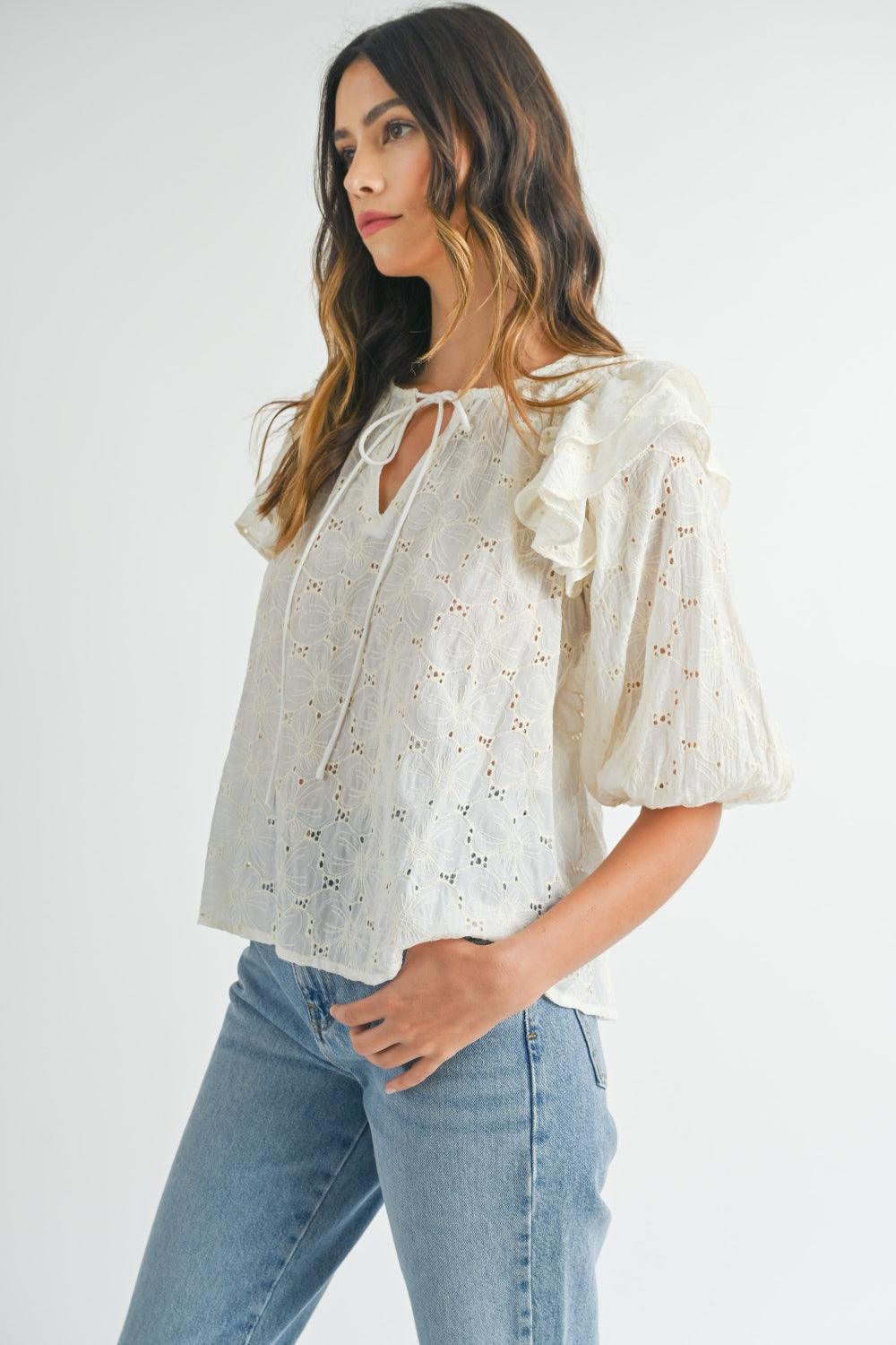 MABLE Eyelet Lace Ruffle Shoulder Puff Sleeve Blouse - DAVERRI FASHIONS