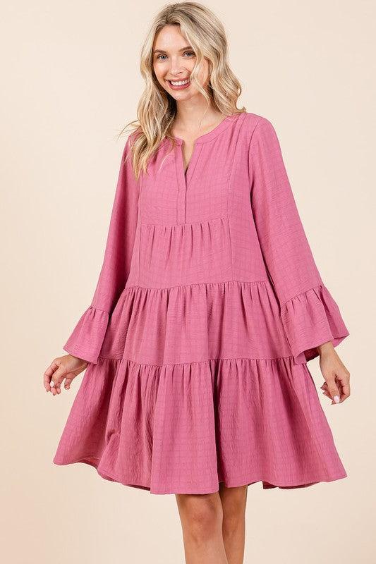 Mittoshop Tiered Notched Flare Sleeve Dress - DAVERRI FASHIONS