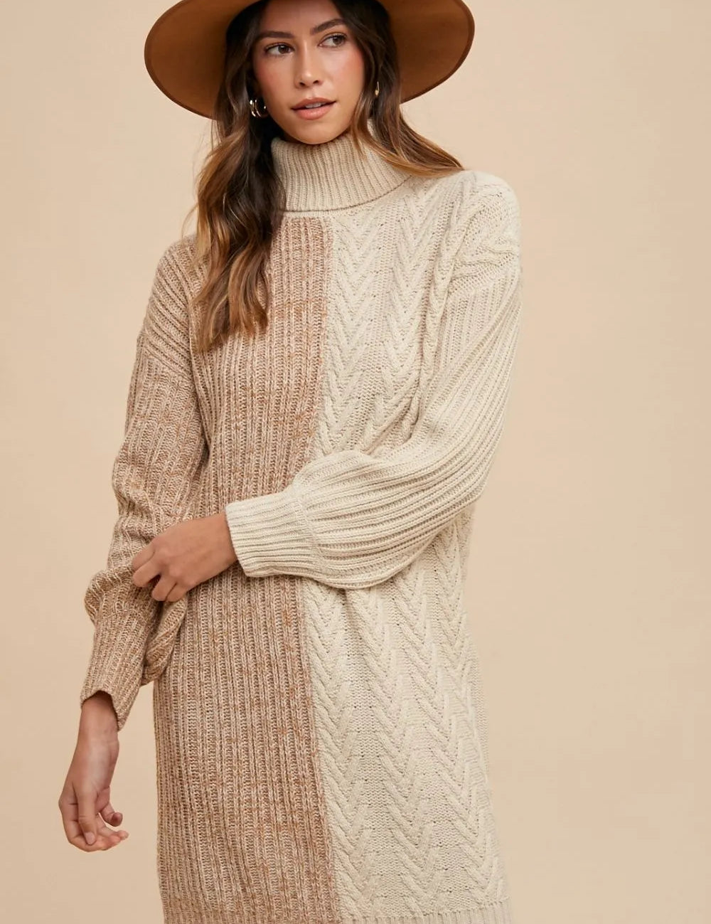 Taupe L Annie Wear Color Block Turtleneck Sweater Dress | Sweaters Daverri Fashions
