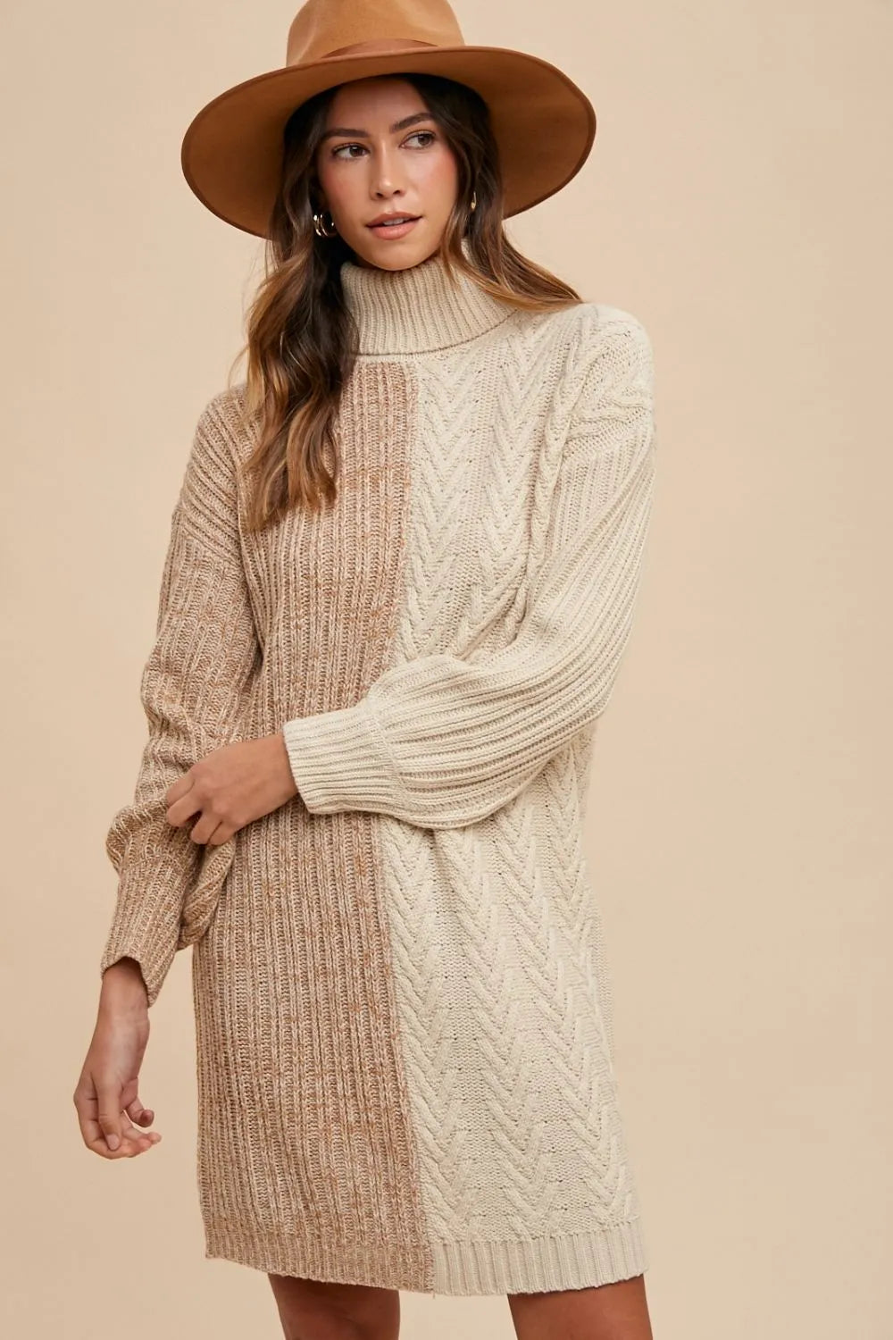 Annie Wear Color Block Turtleneck Sweater Dress Taupe Knee Length Dresses