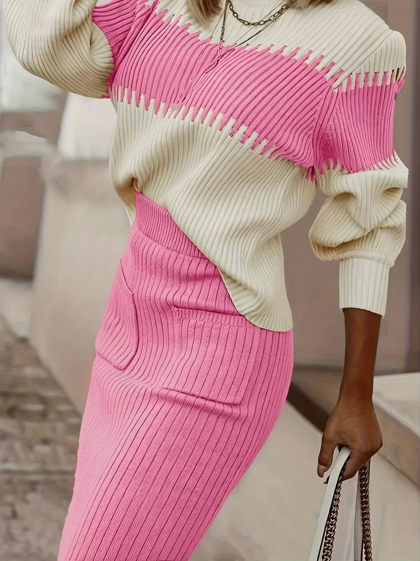 Two-Tone Ribbed Knit Top and Skirt Sweater Set - DAVERRI FASHIONS