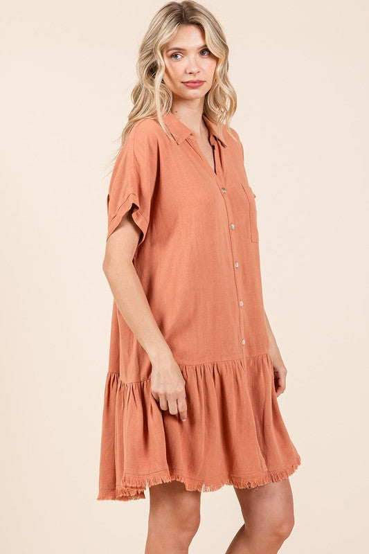 Mittoshop Ginger Linen Blend Button Down Shirt Mini Dress Mini Dresses