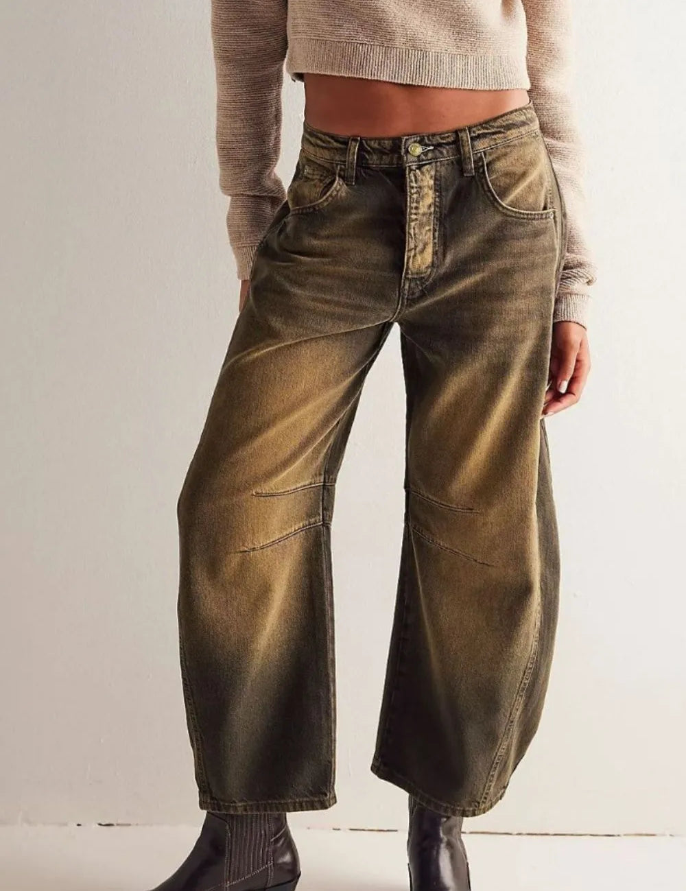 Olive Brown Retro Barrel Jeans with Pockets | Jeans Daverri Fashions