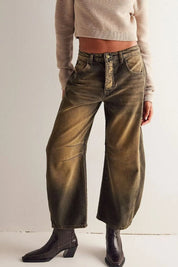 Olive Brown Retro Barrel Jeans with Pockets | Jeans Daverri Fashions