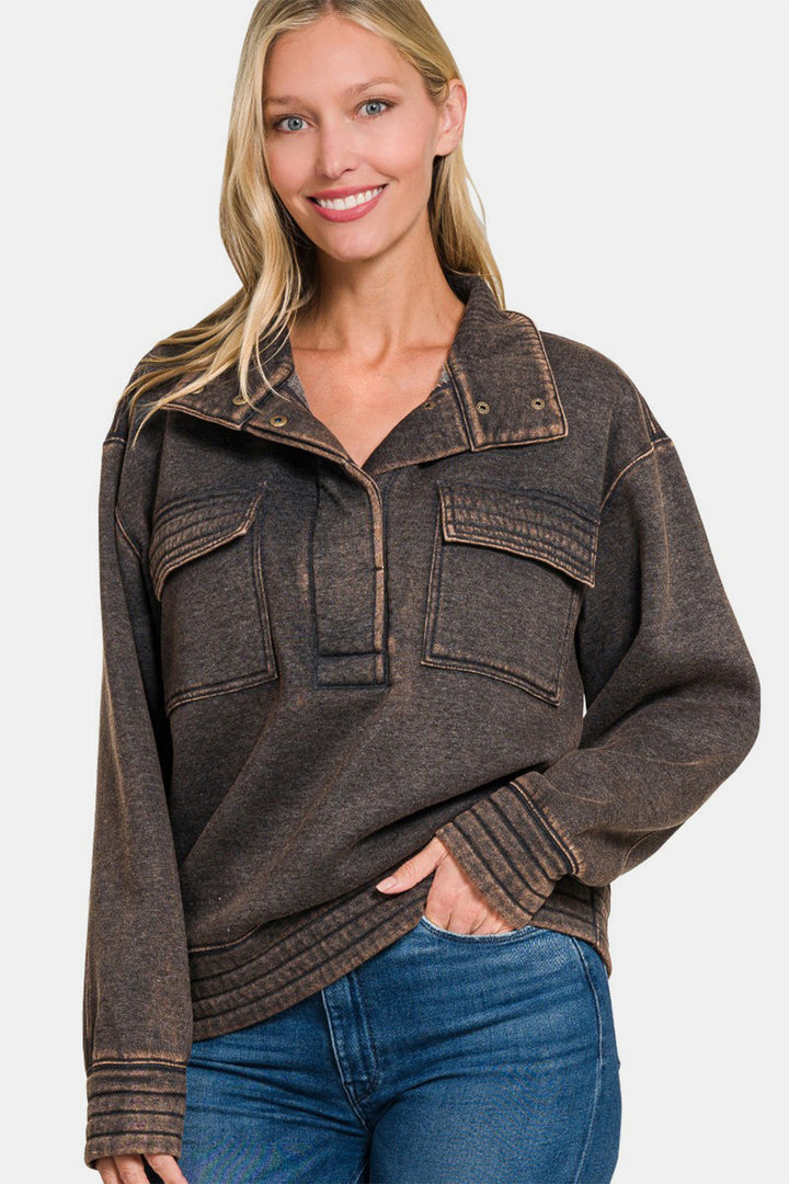 Zenana Acid Washed Half Snap Fleece Sweatshirt Ash Black | Sweatshirts Daverri Fashions