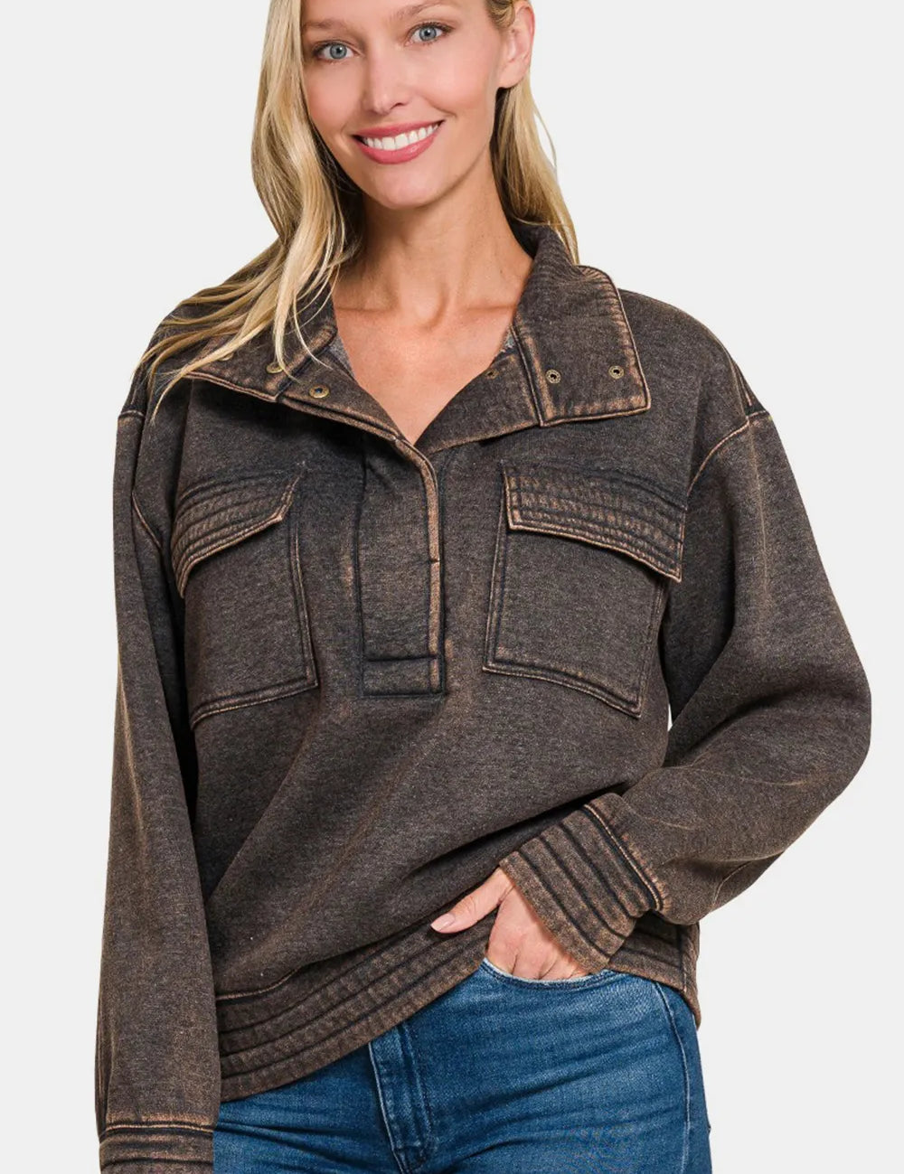 Ash Black S Zenana Acid Washed Half Snap Fleece Sweatshirt Ash Black | Sweatshirts Daverri Fashions