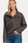 Zenana Acid Washed Half Snap Fleece Sweatshirt Ash Black - DAVERRI FASHIONS