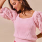 Soft pink SO ME rosette sleeves square neck knit sweater with floral ruffles