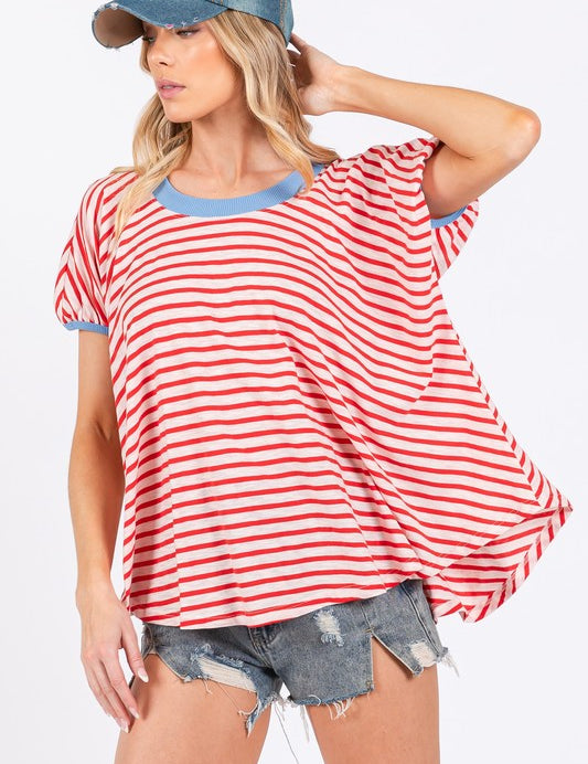 Ces Femme Striped Round Neck Short Sleeve T-Shirt Red