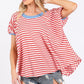 Ces Femme Striped Round Neck Short Sleeve T-Shirt Red T-Shirts