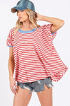 Ces Femme Striped Round Neck Short Sleeve T-Shirt - DAVERRI FASHIONS