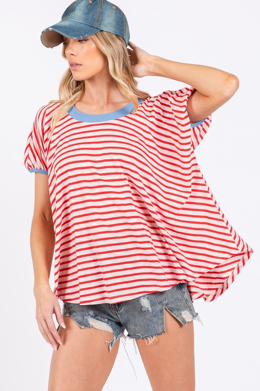 Ces Femme Striped Round Neck Short Sleeve T-Shirt Red T-Shirts