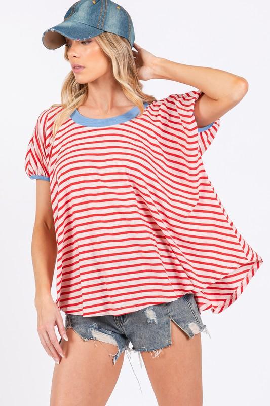 Ces Femme Striped Round Neck Short Sleeve T-Shirt Red T-Shirts