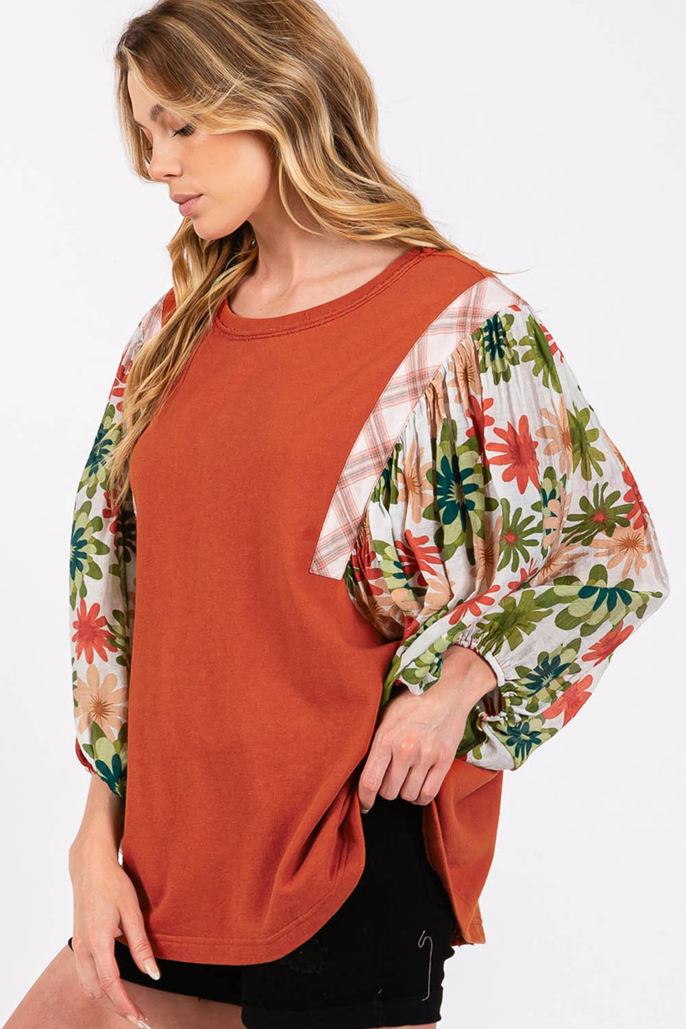 Desert Gold Floral Puff Sleeve Patchwork Round Neck Blouse | Blouses Daverri Fashions