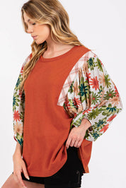 Desert Gold Floral Puff Sleeve Patchwork Round Neck Blouse | Blouses Daverri Fashions