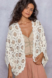 POL Openwork V-Neck Chenille Cardigan with Contrast Floral | Cardigans Daverri Fashions
