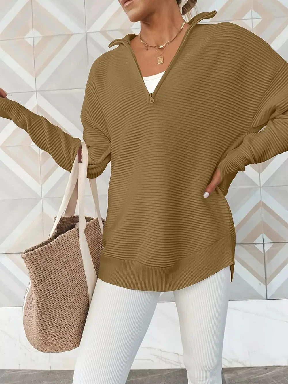 Half Zip Long Sleeve Knit Top | Knit Tops Daverri Fashions