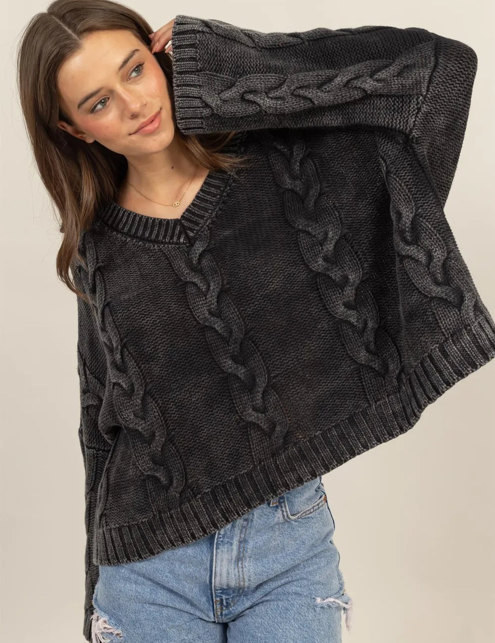 Charcoal HYFVE Cable Knit V-Neck Dropped Shoulder Oversized Sweater | Sweaters Daverri Fashions
