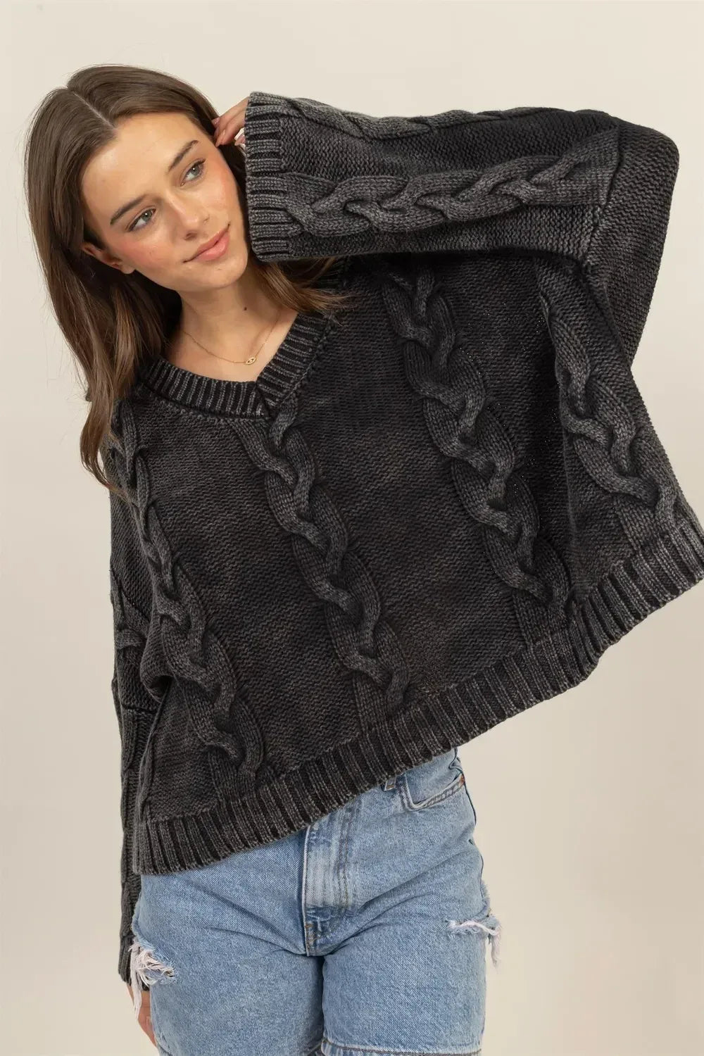 HYFVE Cable Knit V-Neck Dropped Shoulder Oversized Sweater - DAVERRI FASHIONS