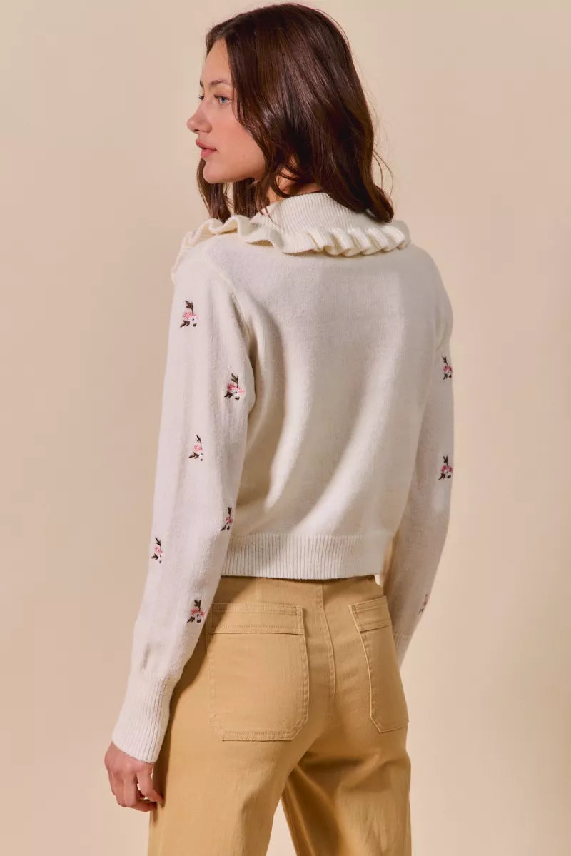 SO ME Collared Floral Embroidered Button Down Sweater Cardigan | Cardigans Daverri Fashions