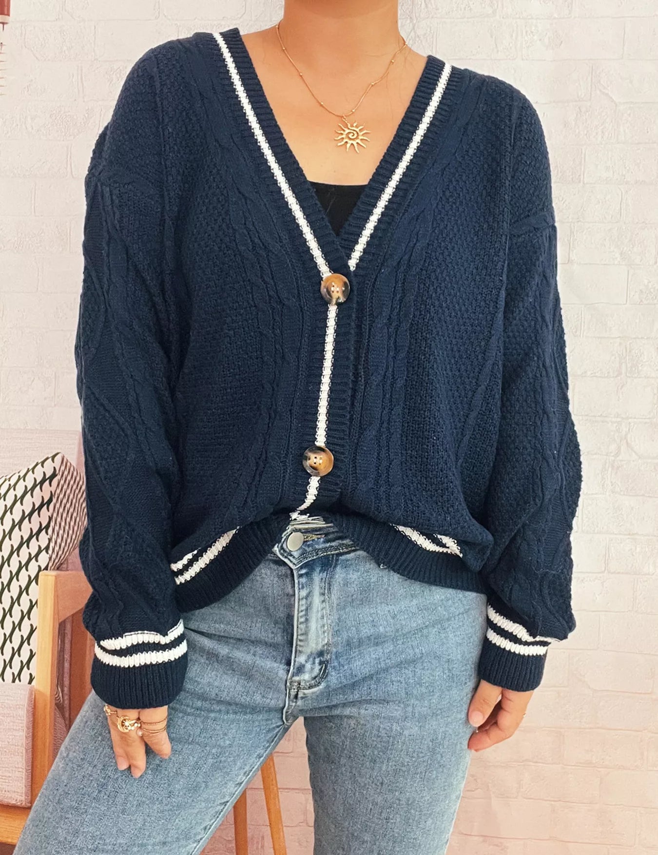 Star Pattern Button-Up Cardigan with Contrast Trim | Cardigans Daverri Fashions