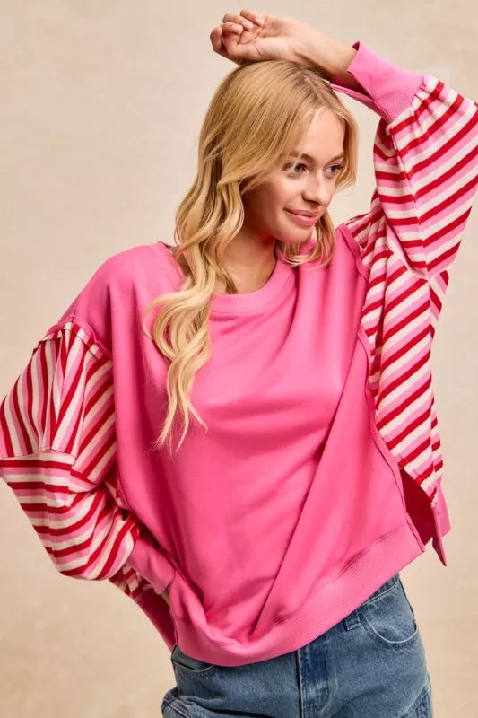 Pink BiBi French terry stripe combo sweatshirt with ruffled sleeves