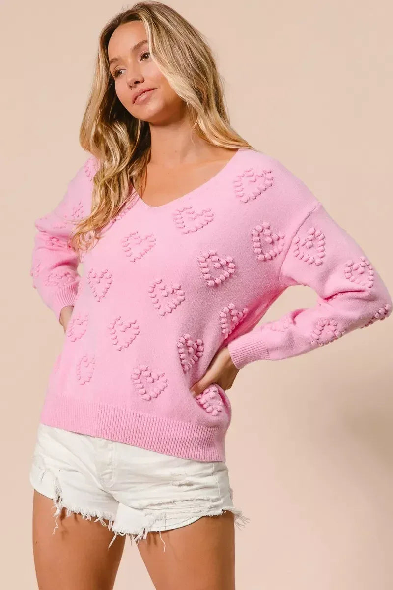 BiBi Valentines Heart Pompom V Neck Knit Top - DAVERRI FASHIONS