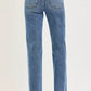 Back view of RISEN Tummy Control 4 Way Stretch Mid Rise Straight Jeans in blue denim with classic pockets