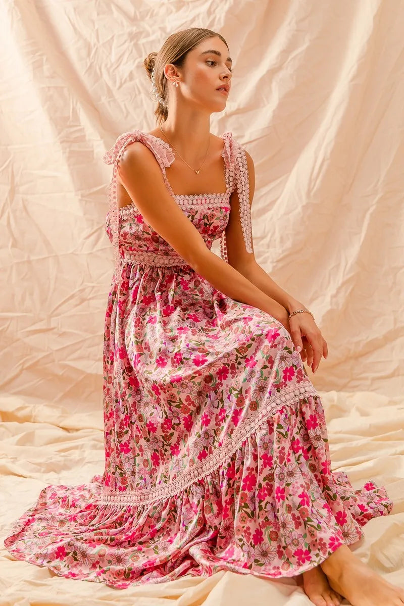 SO ME floral maxi dress with ribbon tie lace straps and ruffled tiered hem