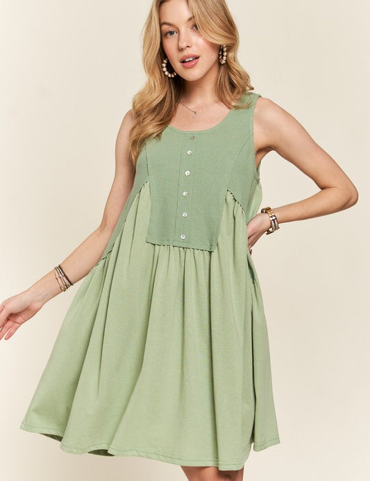 ADORA Decorative Button Sleeveless Babydoll Dress Sage