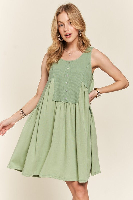 ADORA Decorative Button Sleeveless Babydoll Dress Sage