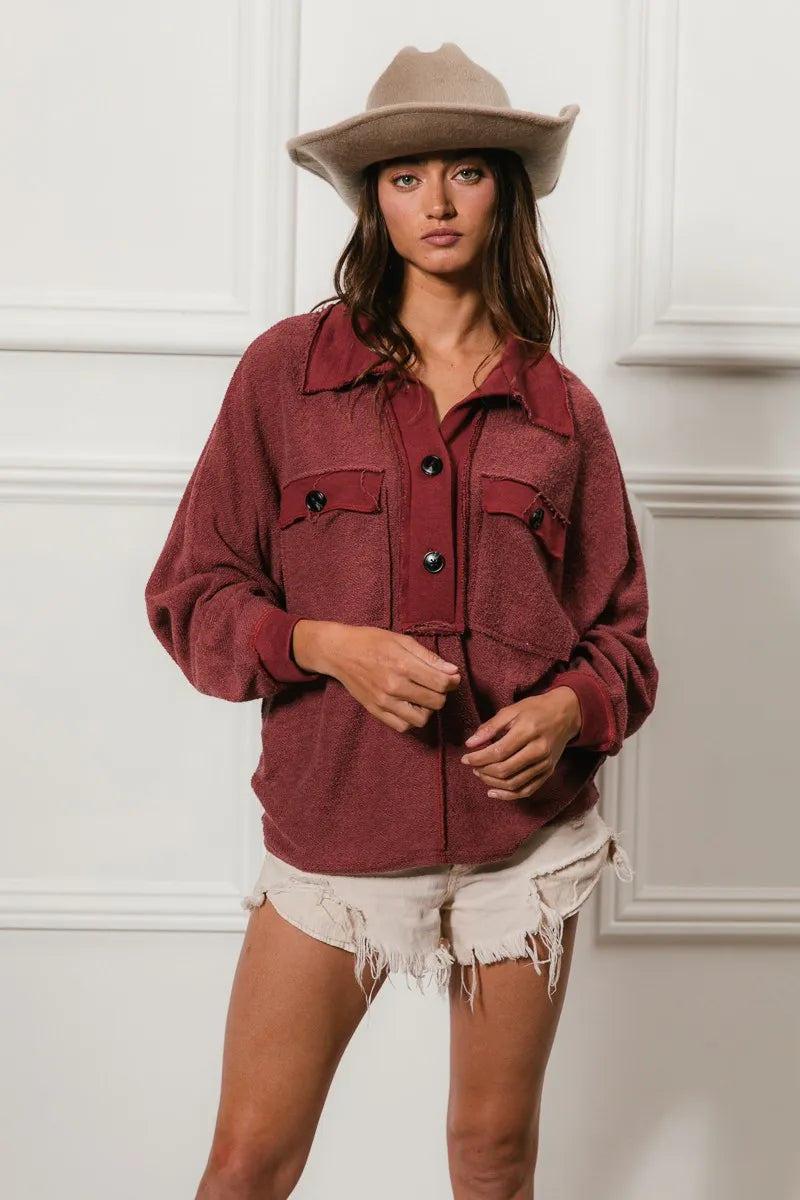 BiBi Cp French Terry Cut Edge Detail Collared Top | Tops Daverri Fashions