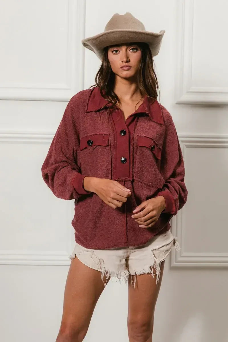 BiBi Cp French Terry Cut Edge Detail Collared Top - DAVERRI FASHIONS