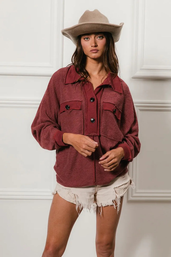 BiBi Cp French Terry Cut Edge Detail Collared Top | Tops Daverri Fashions