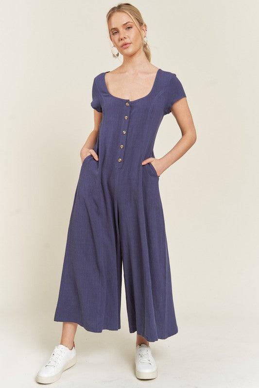 Button Down Short Sleeve Linen Jumpsuit NAVY Jumpsuits