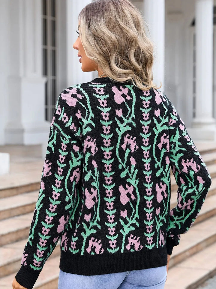 Angel Wings Flower Round Neck Long Sleeve Sweater | Sweaters Daverri Fashions