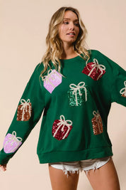 BiBi Sequin Christmas Gift Box Embroidered Green Pullover