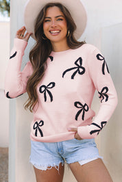 Light Pink 52%Viscose+26%Polyester+22%Polyamide Light Pink Bow Pattern Knitted Loose Fit Sweater | Sweaters Daverri Fashions