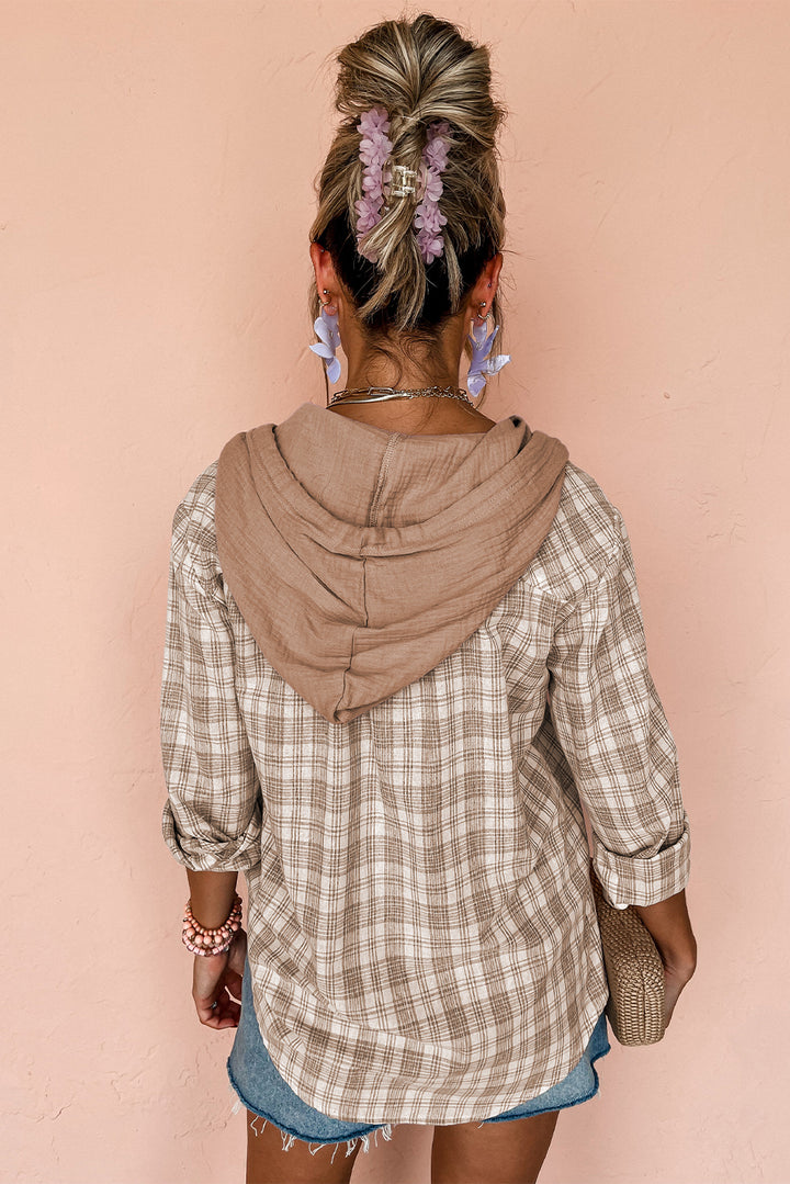 Pink Checkered Print Loose Fit Buttoned Hooded Shacket | Shackets Daverri Fashions