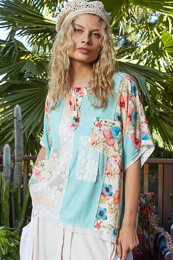 POL Lace Round Neck Short Sleeve Floral Pattern Top with Patch Detail | Tops Daverri Fashions