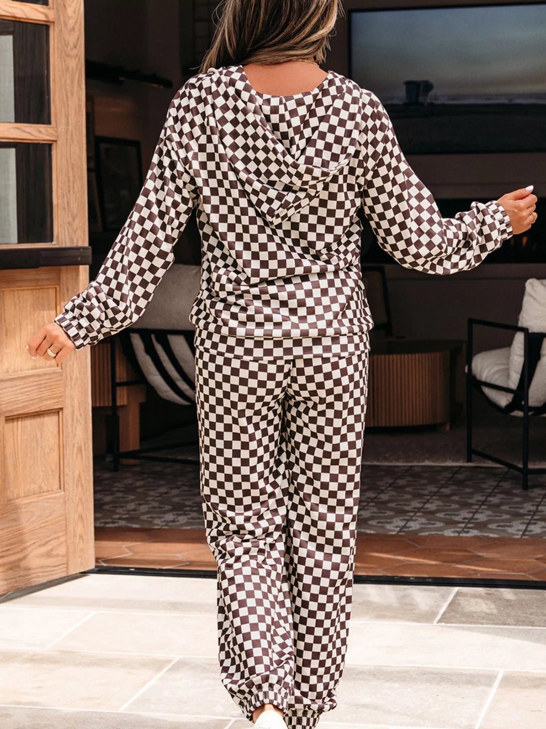 Checkered Drawstring Hoodie and Pants Set | Loungewear Sets Daverri Fashions
