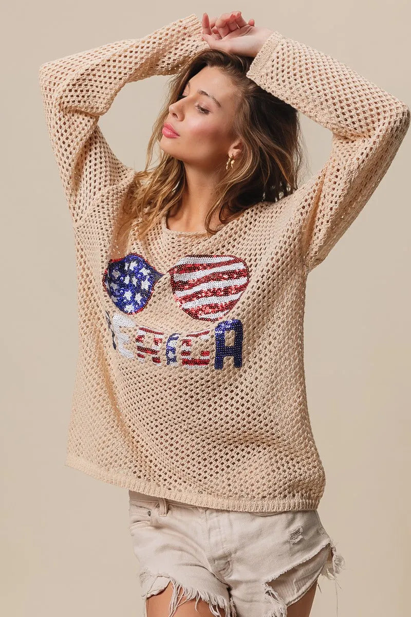 BiBi Sequin American Flag Sunglasses Knit Top Tops