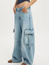 Vintage wash wide leg cargo jeans in light-wash denim with flap pockets