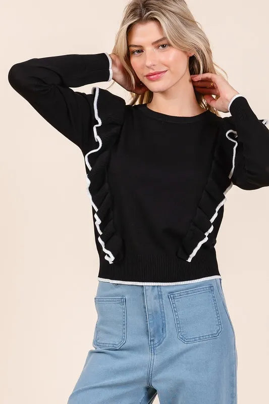 Mittoshop Contrast Trim Ruffled Round Neck Knit Top | Tops Daverri Fashions