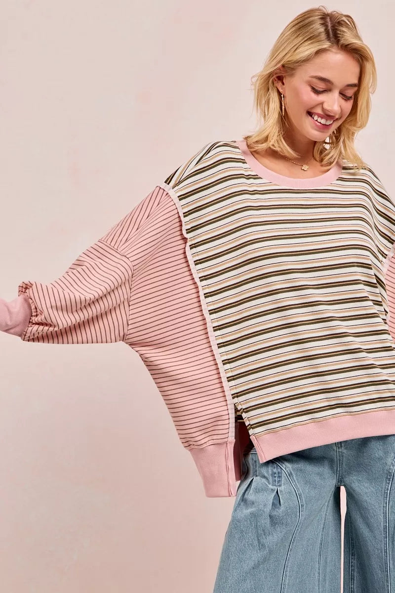 BiBi Stripe Mixed Top With Cut Edge And Reverse Outseam | Sweatshirts Daverri Fashions