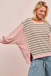 BiBi Stripe Mixed Top With Cut Edge And Reverse Outseam | Sweatshirts Daverri Fashions