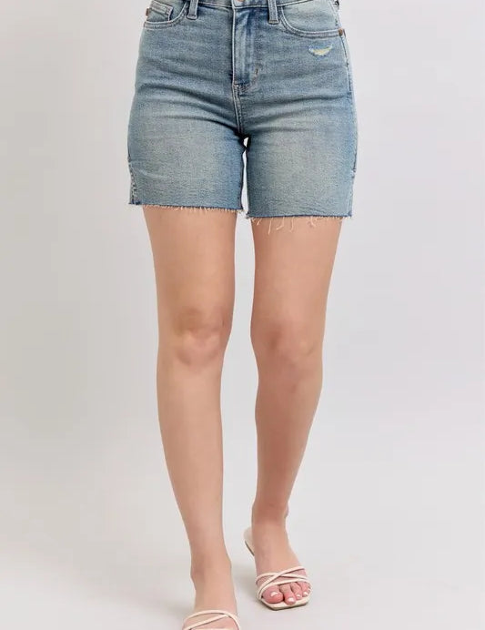 Judy Blue High Waist Vintage Wash Side Slit Denim Shorts | Daverri Fashions