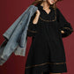 Umgee Full Size Textured Babydoll Dress with Leopard Trim Plus Size Black